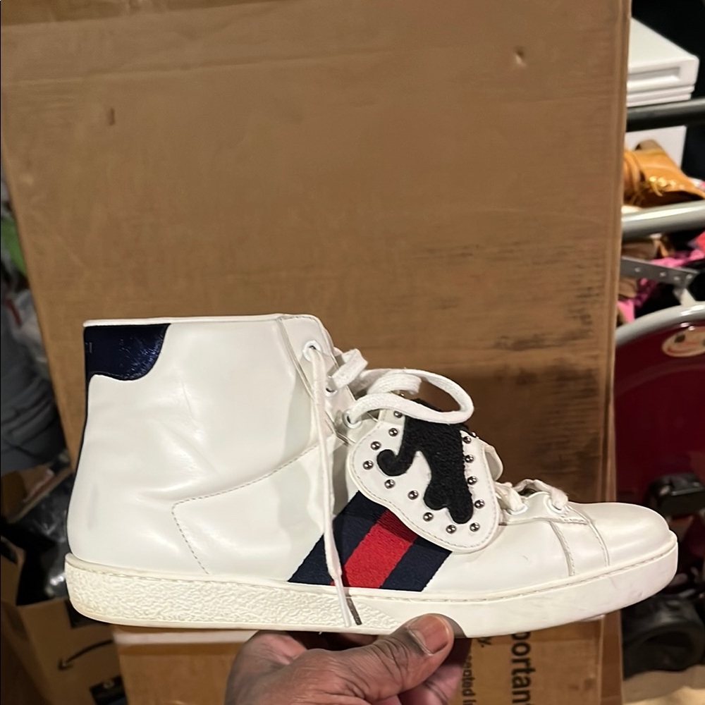 Kids White and Blue High-Top Sneakers